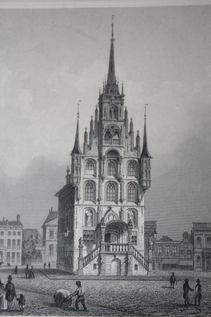 19e eeuwse ets (?) Markt en Stadhuis Gouda, Antiek en Kunst, Kunst | Etsen en Gravures, Ophalen of Verzenden