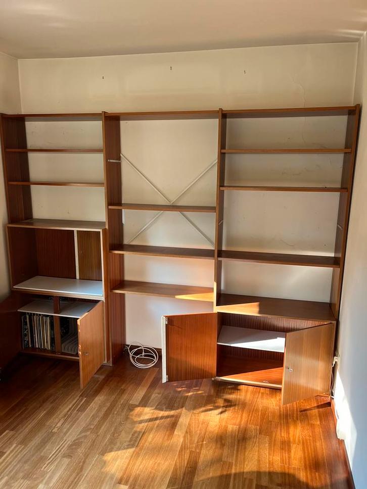 Lundia wandkast systeem vintage teak retro midcentury €395, Huis en Inrichting, Kasten | Wandmeubels, Gebruikt, 200 cm of meer