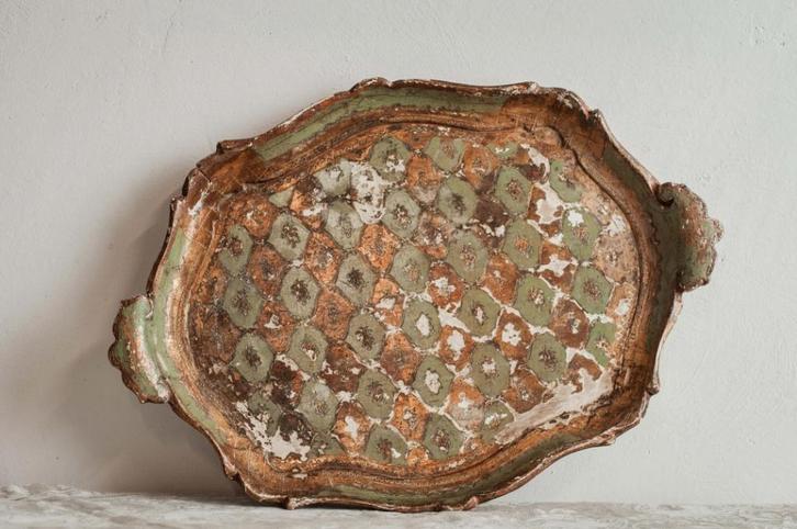 Florentijns dienblad, groen en goud houten dienblad, Antiek en Kunst, Curiosa en Brocante, Verzenden