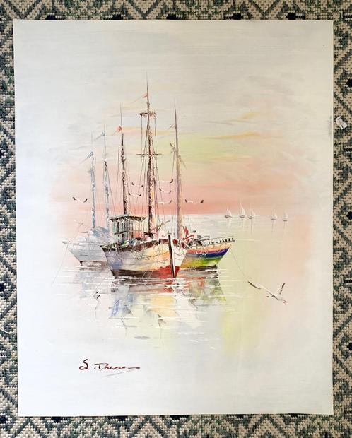 Maritiem olieverf schilderij canvas 30x40cm vissersboten, Antiek en Kunst, Kunst | Schilderijen | Modern, Ophalen of Verzenden