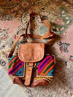 Vintage leren geborduurde damestas rugtas rugzakje boho tas, Ophalen of Verzenden, Gebruikt, Bruin, Schoudertasje
