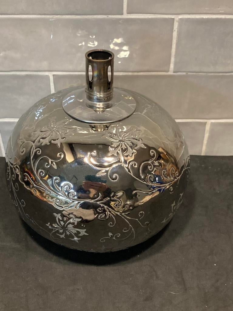 Grote olielamp, zilver decor (020226), Ophalen of Verzenden, Zo goed als nieuw