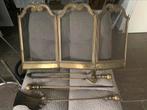 Inklapbaar antiek haardscherm en antiek bronzen haardstel, Antiek en Kunst, Ophalen of Verzenden