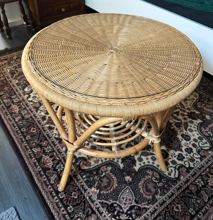 Ronde Bamboe Tafel met Glasplaat, Huis en Inrichting, Tafelonderdelen, Gebruikt, 50 tot 100 cm, Rond, Glas, Ophalen