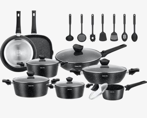 Swiss pro| pannenset 33 delig| nieuw in doos, Huis en Inrichting, Keuken | Potten en Pannen, Nieuw, Pannenset, Aluminium, Inductieplaat
