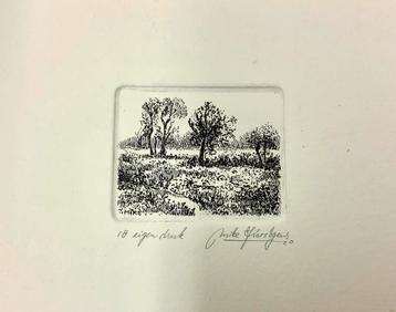 Kleine originele ets van landschap. beschikbaar voor biedingen
