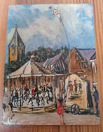 Olieverf/kermis in het dorp/orgeldraaier/carrousel/vlieger., Ophalen of Verzenden