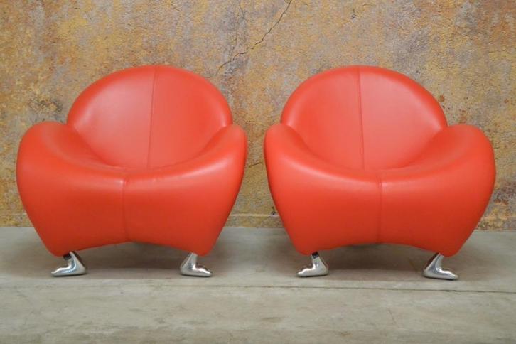 ZGANieuw rode leren Leolux Papageno design fauteuil, Huis en Inrichting, Fauteuils, Zo goed als nieuw, Leer, Metaal, 75 tot 100 cm