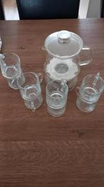 Douwe Egberts theepot + warmhoudplaatje + 8 glazen, Ophalen of Verzenden, Gebruikt, Overige typen