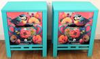 2 Turquoise nachtkastjes, lades, vogel, bloemen, eclectisch, Eenpersoons, Ophalen of Verzenden, Zo goed als nieuw, 200 cm