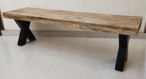 Mangohouten eettafelbank 160-220cm, zwarte x of u-poten, Huis en Inrichting, Stoelen, Nieuw, Hout, Ophalen