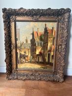 Stadstafereel antiek schilderij met prachtige lijst, Ophalen of Verzenden