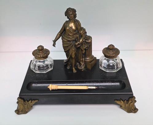 Antiek inktstel met vrouwen beeld op marmer voet, Antiek en Kunst, Antiek | Koper en Brons, Brons, Ophalen of Verzenden