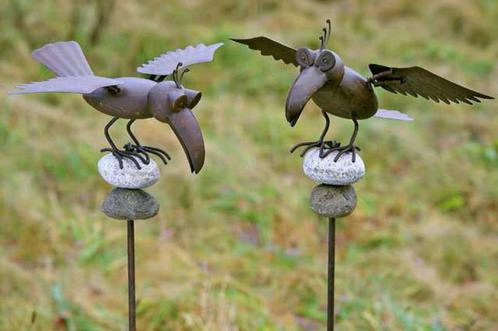 Mooie Tuinsteker, tuinprikker Vogel, Raaf op steen, bruin, Tuin en Terras, Tuinbeelden, Nieuw, Dierenbeeld, Metaal, Ophalen of Verzenden