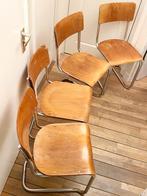 Vier vintage plywood buisframe chroom sledestoelen, Ophalen, Gebruikt, Overige kleuren, Vier