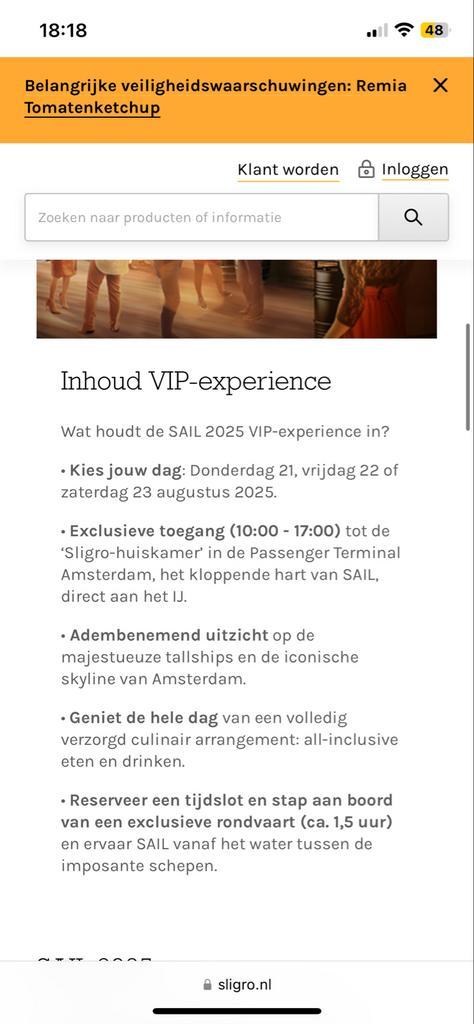 VIP Experience Sail - Sligro vrijdag 22 augustus, Tickets en Kaartjes, Evenementen en Festivals, Twee personen