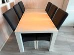 Wit lak eettafel (180 cm) met 6 grijze eettafelstoelen, Ophalen, Overige materialen, Gebruikt, 50 tot 100 cm