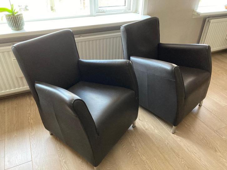 Bruin leren fauteuils (2 stuks), Huis en Inrichting, Fauteuils, Gebruikt, Leer, Metaal, 50 tot 75 cm, 75 tot 100 cm, Ophalen