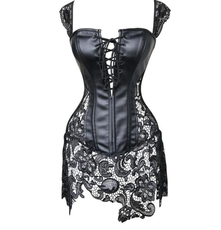 Zwarte kunstleren kanten korset jurk leren sexy bustier, Kleding | Dames, Jurken, Nieuw, Zwart, Boven de knie, Verzenden