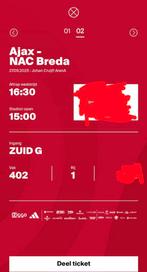 Ajax - NAC twee tickets vak 402 rij 1, geweldige plek!, Tickets en Kaartjes, Sport | Voetbal, Losse kaart, Twee personen, September