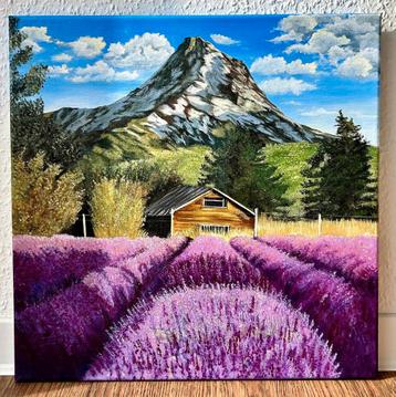 Schilderij: Lavendelveld met Berg, 40x40 cm beschikbaar voor biedingen