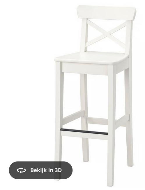 Ikea INGOLF Barkruk met rugleuning, wit, 74 cm, Huis en Inrichting, Barkrukken, Zo goed als nieuw, 90 cm of meer, Hout, 2 krukken