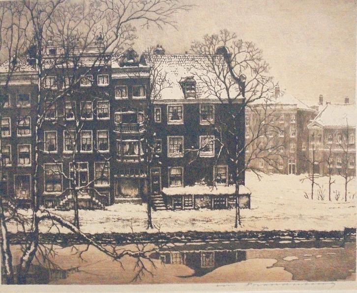 Cornelis Brandenburg.1884-1954.Winter in Amsterdam., Antiek en Kunst, Kunst | Etsen en Gravures, Ophalen of Verzenden