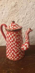 Oude Franse emaille koffiepot rood wit geblokt, Ophalen of Verzenden