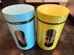 2 gekleurde voorraadpotten van glas, Huis en Inrichting, Ophalen, Gebruikt, Glas, Pot, Bus of Blik