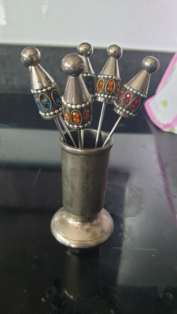 Vintage cocktailprikkers met houder, Ophalen of Verzenden