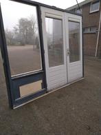 Hardhout kozijn met dubbele tuindeuren en zijlicht, Gebruikt, Ophalen of Verzenden, Buitendeur, Glas