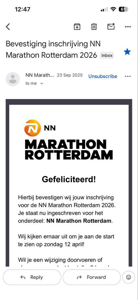 Inschrijfbewijs NN Marathon Rotterdam 2026, Tickets en Kaartjes, Sport | Overige, Eén persoon, April
