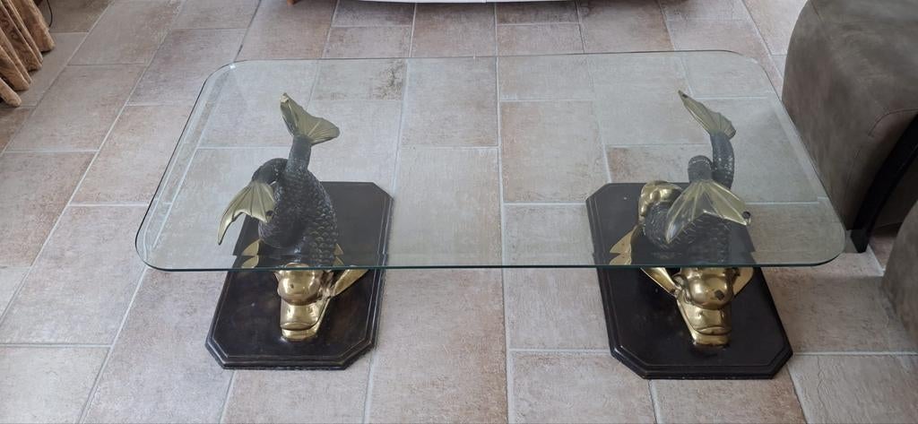 Glazen salontafel met bronzen Koi vissen voeten, 100 tot 150 cm, Zo goed als nieuw, Glas, Art Deco, Aziatisch, Luxe