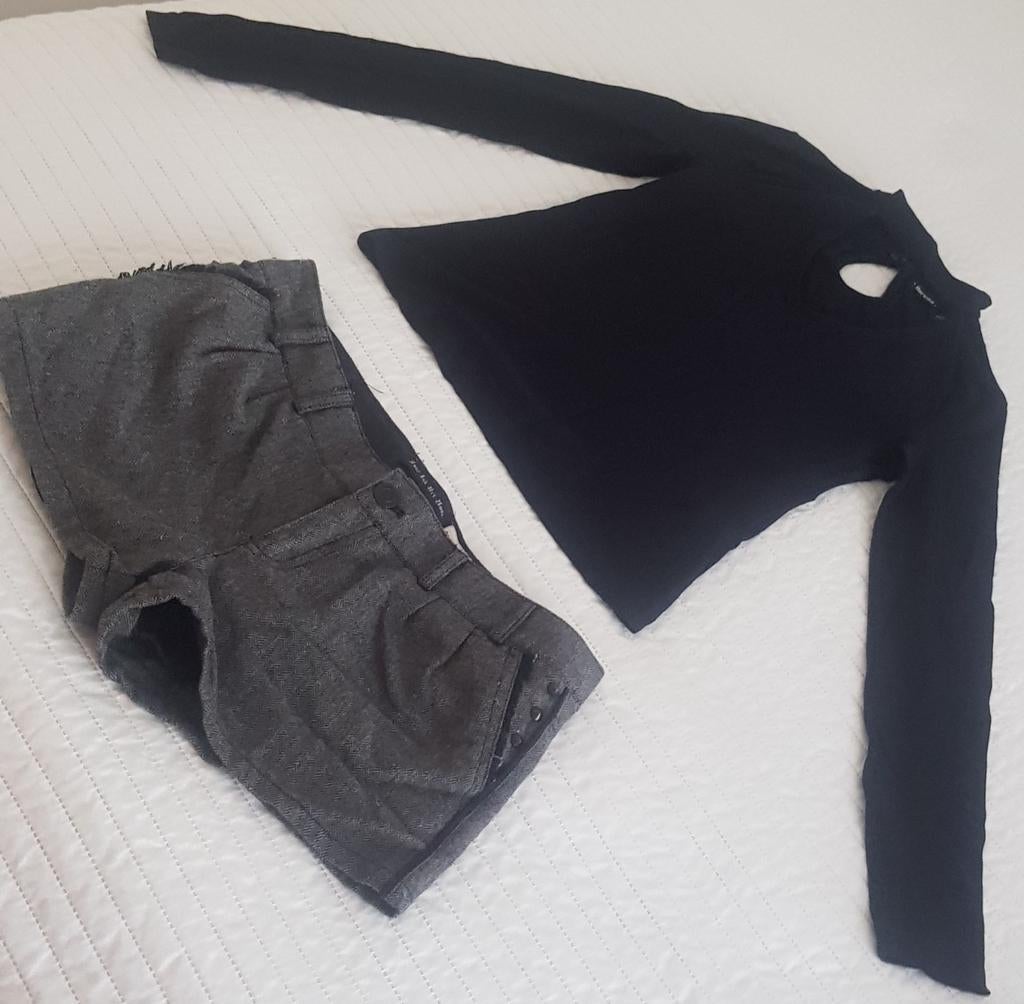 Bershka setje blouse zwart korte broek grijs maat s 36 kerst, Bershka, Verzenden, Zo goed als nieuw