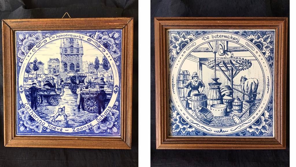 2 Delfts blauwe tegeltjes in houten lijst 17x17 cm, Antiek en Kunst, Antiek | Wandborden en Tegels, Ophalen of Verzenden