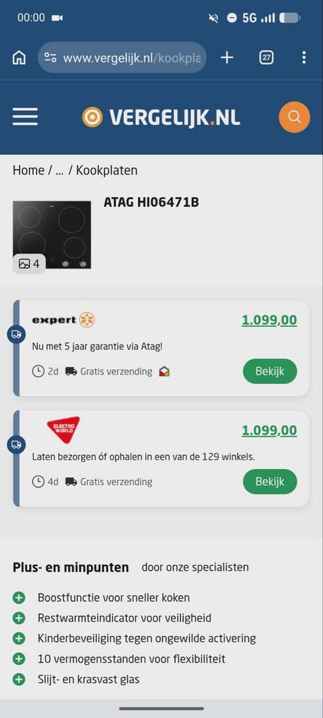 ATAG HI06471B inductie kookplaat, Witgoed en Apparatuur, Kookplaten, Gebruikt, Inbouw, Inductie, 4 kookzones