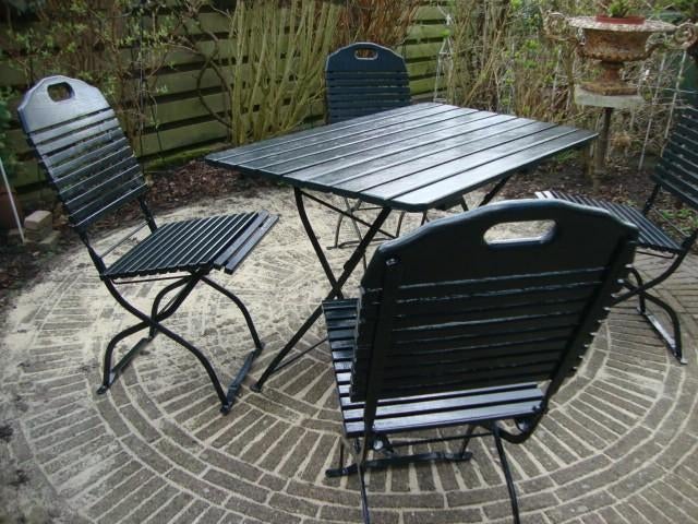 Oude Franse Gerestaureerde Hardhouten Tuintafel 4 stoelen, Antiek en Kunst, Curiosa en Brocante, Ophalen