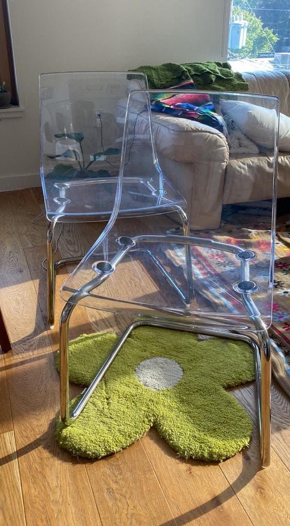 2x IKEA Tobias stoelen (transparant/chroom) – Goede staat!, Huis en Inrichting, Stoelen, Twee, Kunststof, Metaal, Overige materialen
