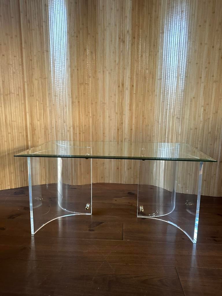 Vintage glazen sidetable met polycarbonaat poten, Ophalen, 100 tot 150 cm, Glas, X