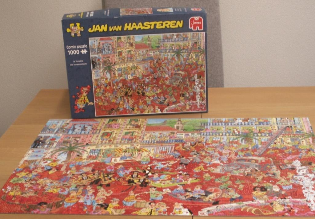 Jan van Haasteren puzzel 1000 stukjes tomaten gevecht, Hobby en Vrije tijd, Ophalen of Verzenden, 500 t/m 1500 stukjes, Zo goed als nieuw