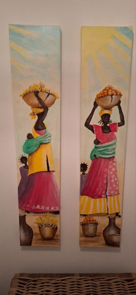 Schilderijen van vrouwen met manden op hoofd, Antiek en Kunst, Ophalen of Verzenden