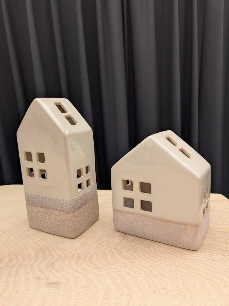 Set van 2 keramische huisjes theelichthouders, Overige materialen, Crème, Nieuw, Ophalen of Verzenden