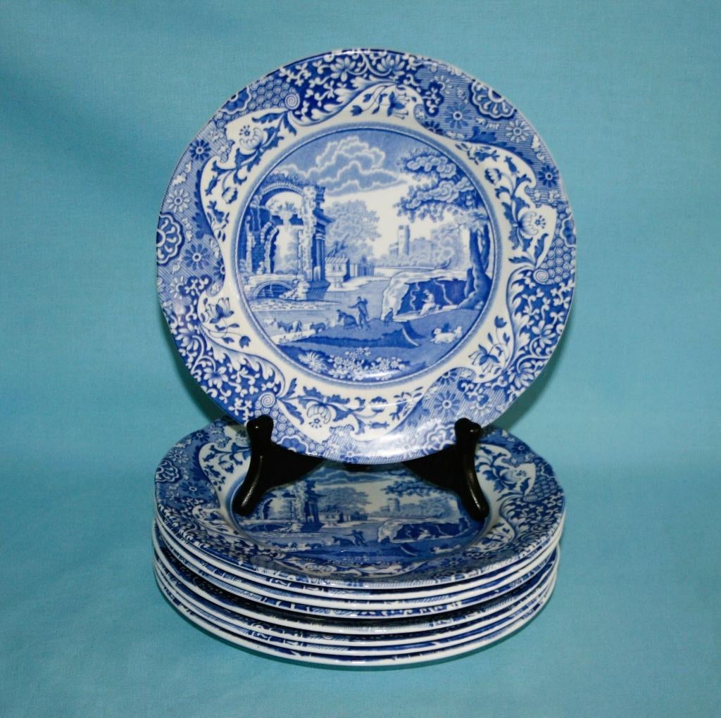 Spode " Italian Blue " 9 x Lunchborden 19cm - Zwarte stempel, Ophalen of Verzenden, Zo goed als nieuw, 2de Hands, Bord(en)