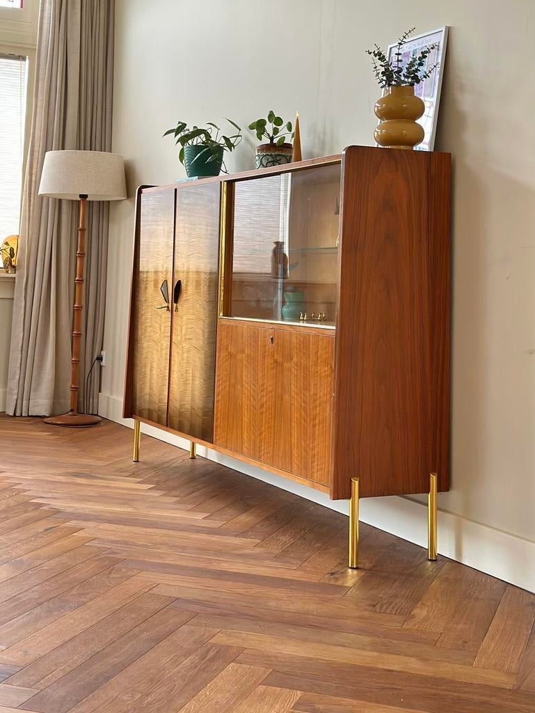 Vintage highboard kast hout goud jaren 50/60/70, Ophalen, 100 tot 150 cm, 150 tot 200 cm, Overige houtsoorten