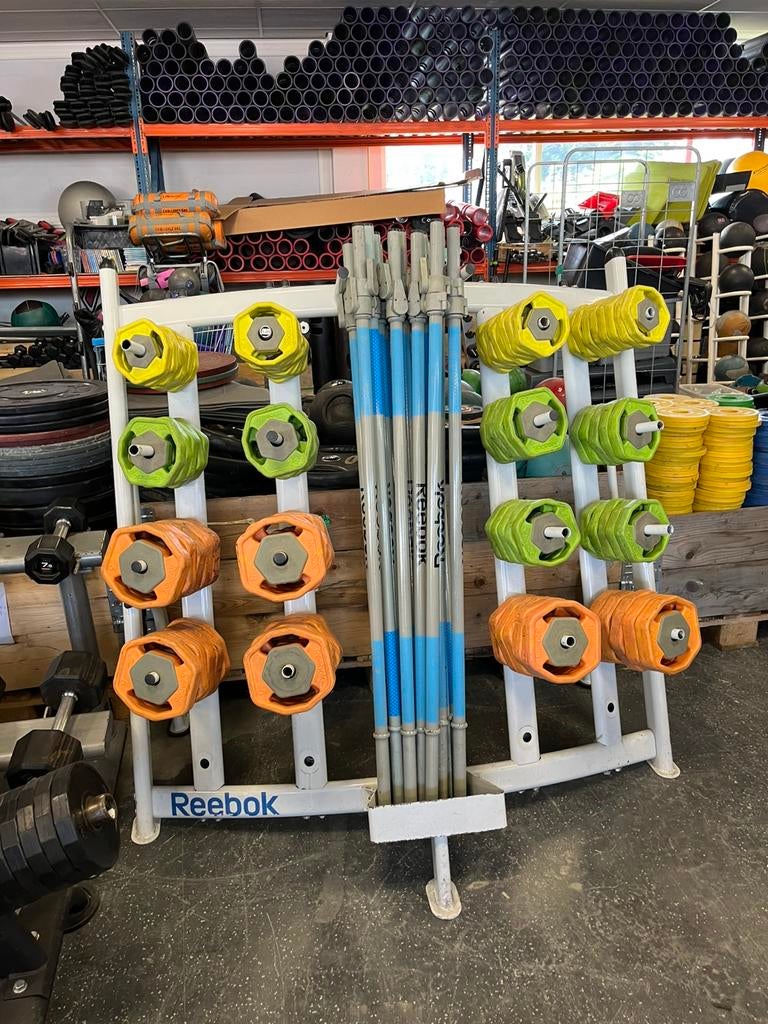 15 x reebok rep bodypump set incl rek, Sport en Fitness, Ophalen, Gebruikt, Reebok, Met rek