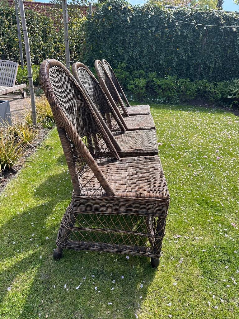 Landelijke rieten eetkamer-/tuinstoelen - Brocante stijl, Huis en Inrichting, Stoelen, Ophalen, Bruin, Riet of Rotan, Zo goed als nieuw