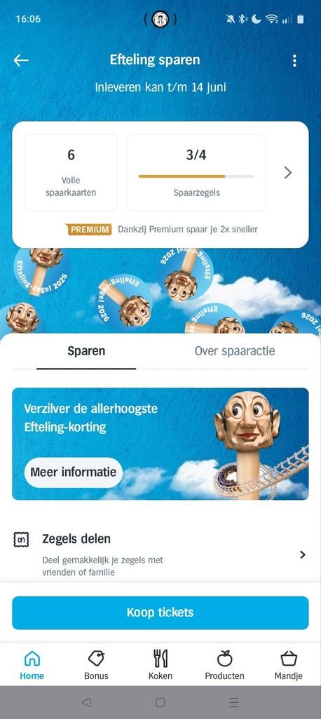 6 volle spaarkaarten AH actie Efteling. €1 per stuk, Tickets en Kaartjes, Drie personen of meer, Kortingsbon, Pretpark