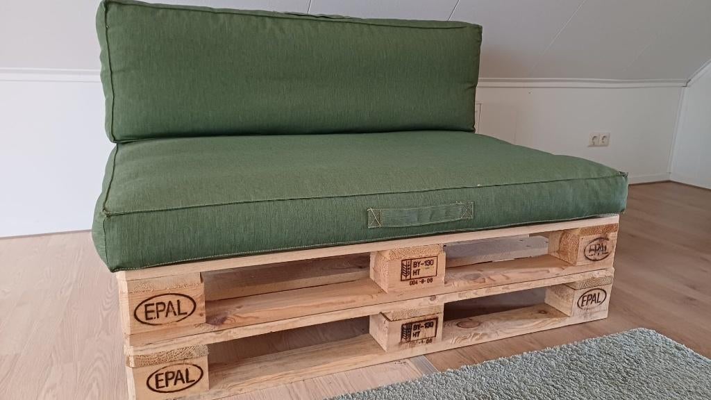 Loungebank van pallets met luxe kussens | vanaf € 299, Ophalen, Gebruikt