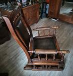 Antieke schommelstoel met bruin leer en massief eiken hout, Ophalen