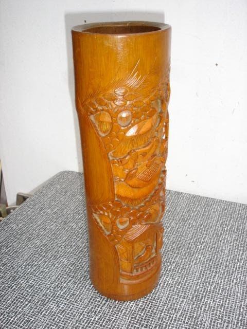 Vintage Chinese bamboe vaas/ penselen-pot snijwerk, Ophalen of Verzenden